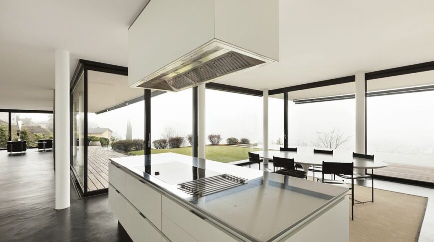 Architecture, beautiful interior of a modern villa, view from the kitchen